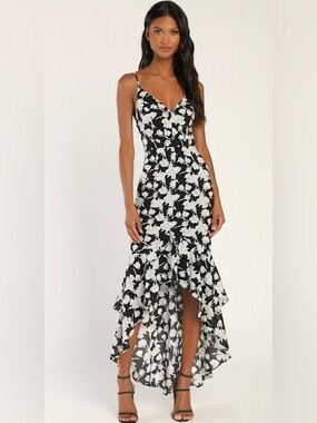 Lulu’s Black & White Floral High Low Dress with Ruffle Hem